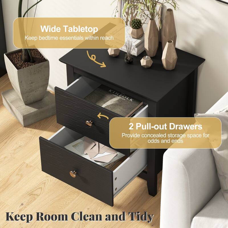 Gymax 2PCS Modern Nightstand w/ Storage 2 Drawers & Support Legs for