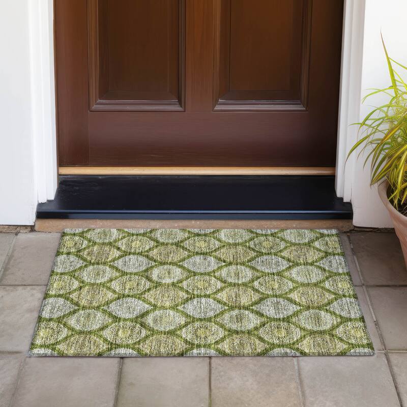 Machine Washable Indoor/ Outdoor Boho Mosaic Chantille Rug - Olive - 1'8" x 2'6"