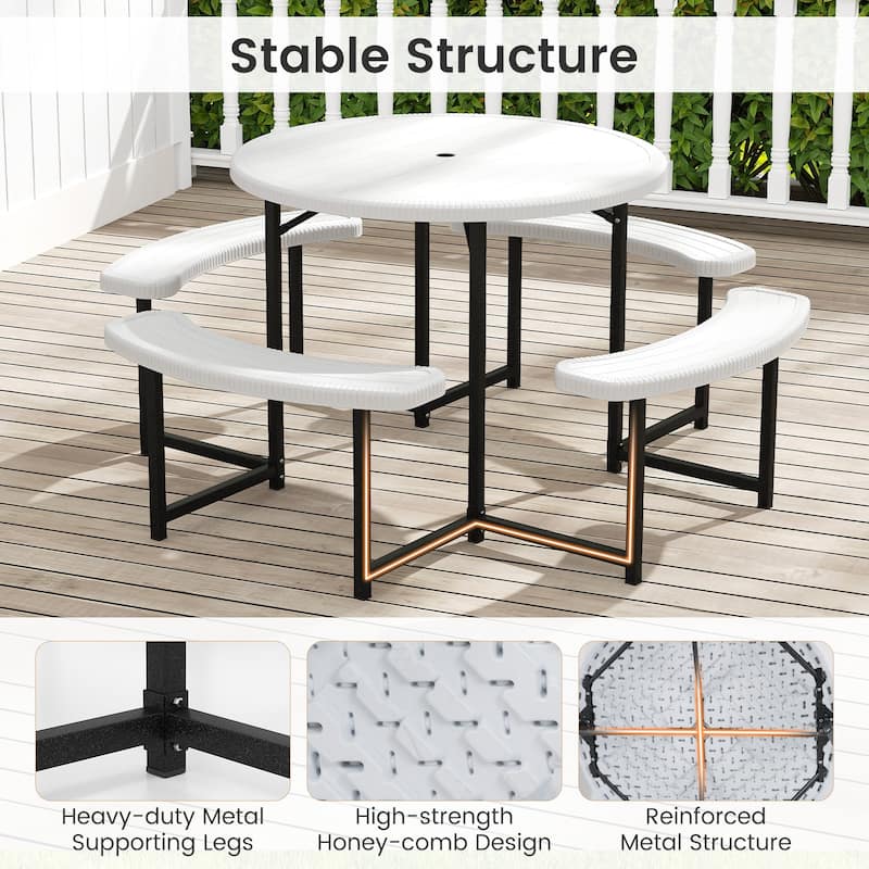 HDPE Round Picnic Table Set with 4 Benches and Umbrella Hole Perfect for Patio or Balcony