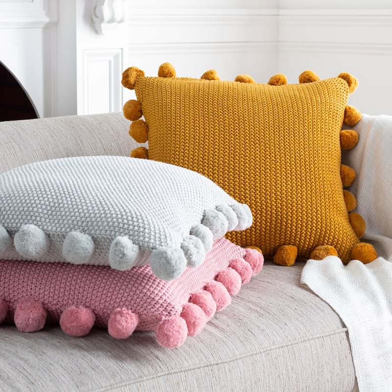 Livabliss Pam Knitted Pom Pom 18-inch Throw Pillow - Polyester - Mustard