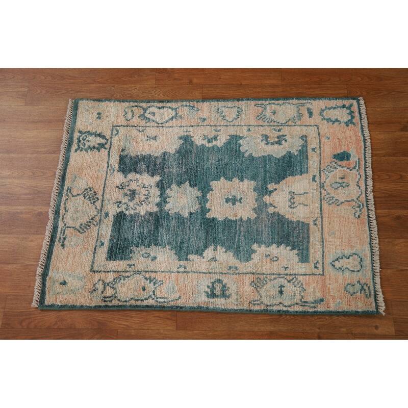 Hand Knotted Oriental 100% Wool Carpet Transitional Geometric Green Oushak Area Rug - 2' 10'' X 2' 1''