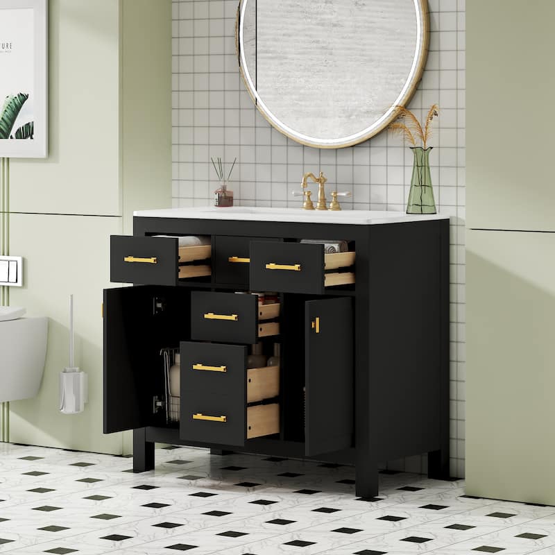 Roomfitters 36" Vanity with Ceramic Sink, Solid Wood Freestanding Cabinet with 4 Drawers and 2 Doors, Storage Unit for Bathroom