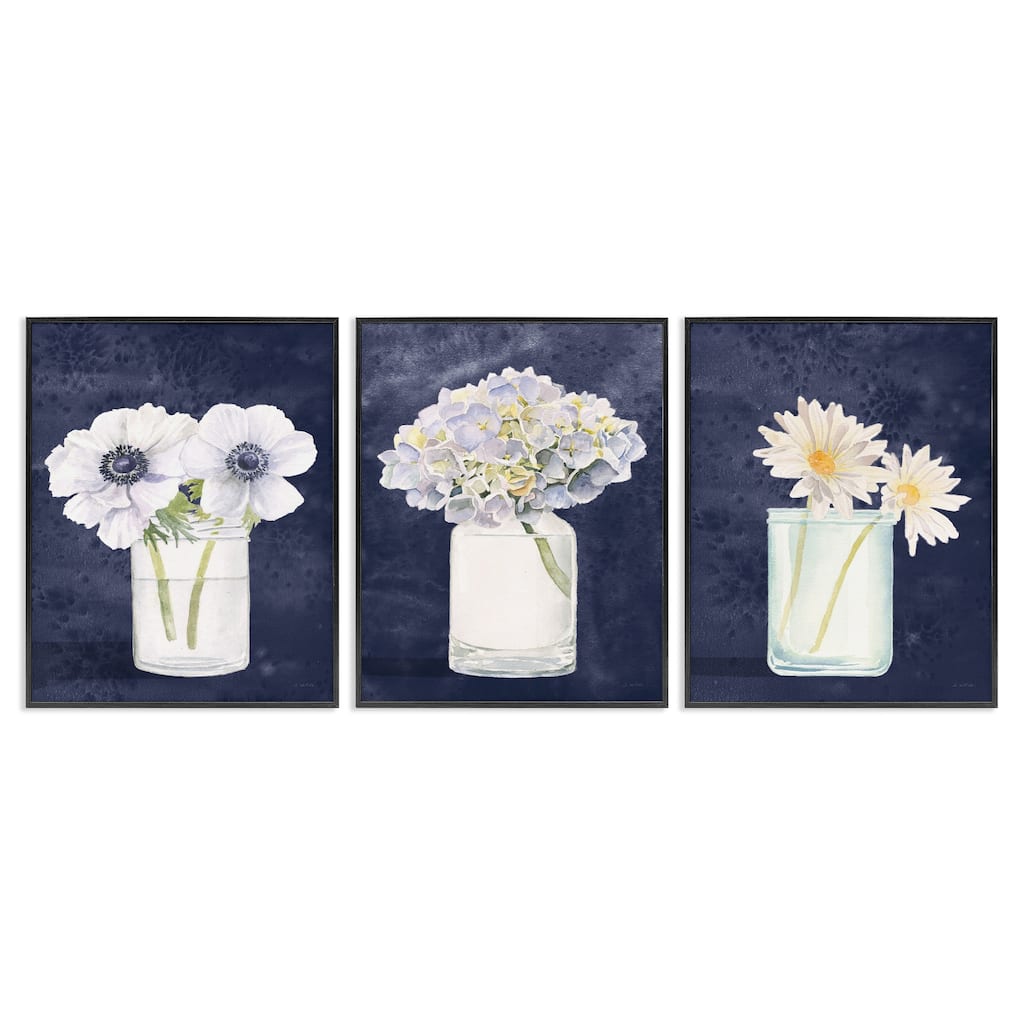 Stupell Farmhouse Flower Bouquets Navy Blue White Painting,3pc,3pc Multi Piece Framed Wall Art Set