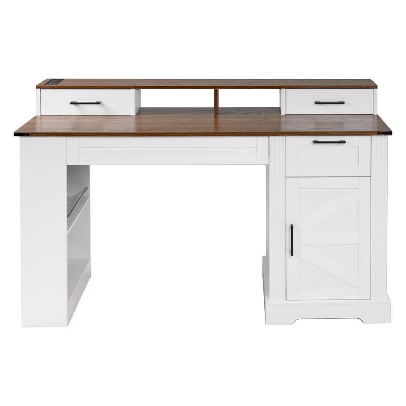 55" Farmhouse Office Desk Workstation with Storage Cabinet, Computer Writing Desk Table with Charging Station, Keyboard Tray