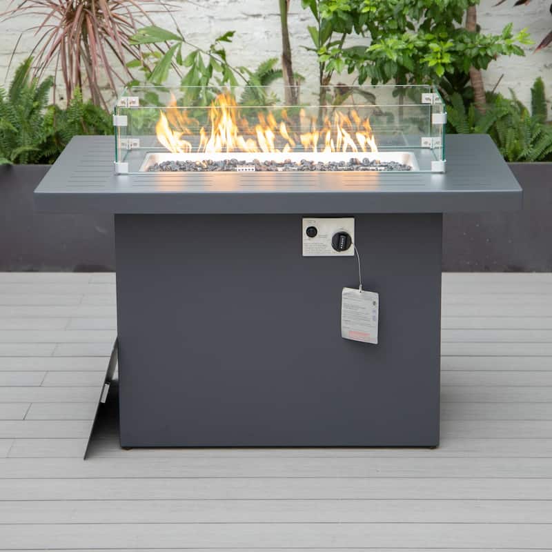 LeisureMod Chelsea 44" Modern 55000 BTU Propane Patio Fire Pit Table with Wind Guard for Porch Backyard Garden Decor