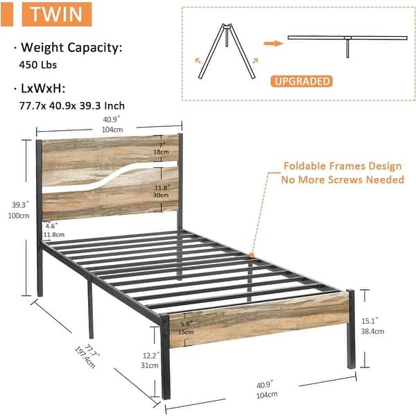 dimension image slide 2 of 3, VECELO Twin Size Kids Bed Industrial Platform Bed Frame with Wood Headboard,Twin Size Bed Set of 2