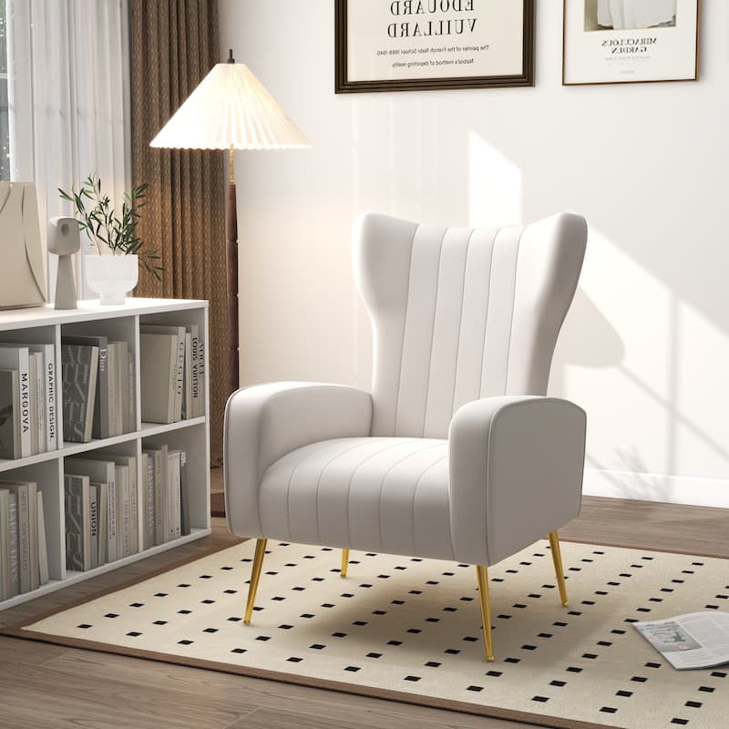 Velvet Stripe Wingback Accent Chair with Metal Legs for Living Room