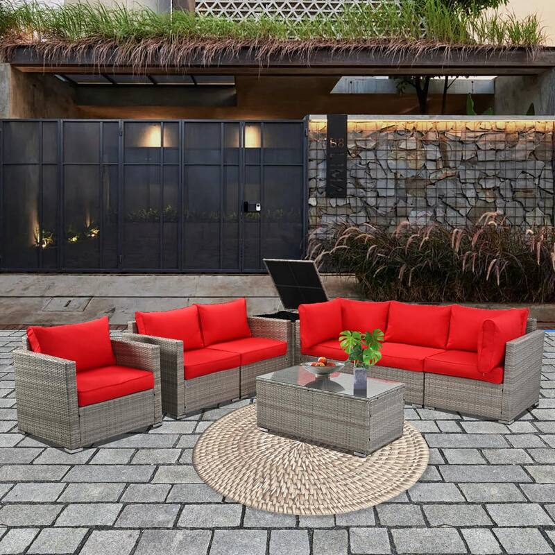 8-Pieces Wicker Outdoor Sectional Set with Glass Coffee Table and Cushions - Red