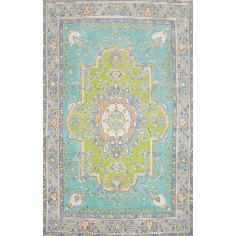 Hand Knotted Oriental 100% Wool Carpet Traditional Floral Green Tabriz Area Rug - 10' 6'' X 7' 9''
