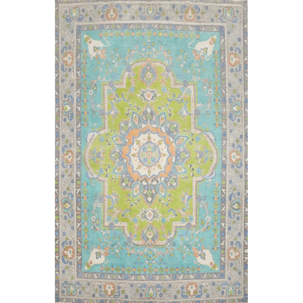 Hand Knotted Oriental 100% Wool Carpet Traditional Floral Green Tabriz Area Rug - 10' 6'' X 7' 9''