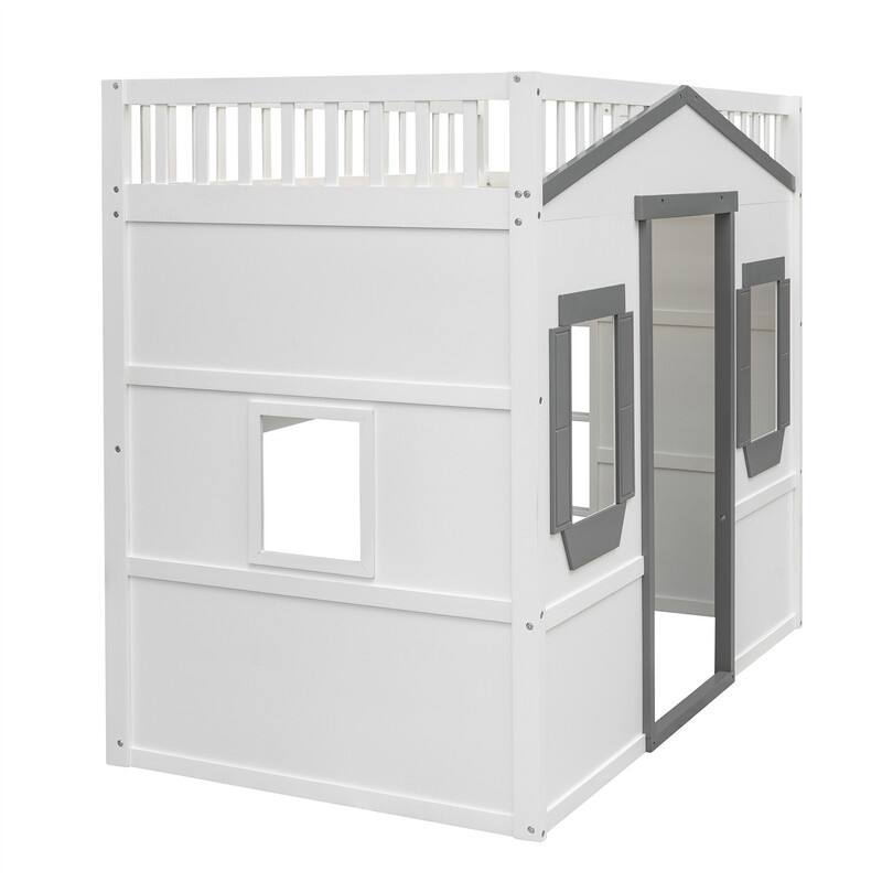 Solid Wood House Loft Bed with Window Design and Ladder, Twin/Full Size Playhouse Bed Loft Bed Frame with Guardrail for Kids