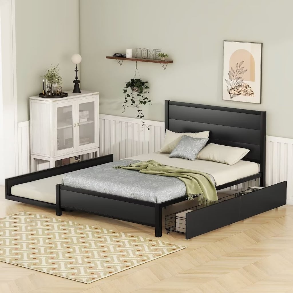 Metal Storage Platform Bed with Twin Size Trundle and 2 Drawers