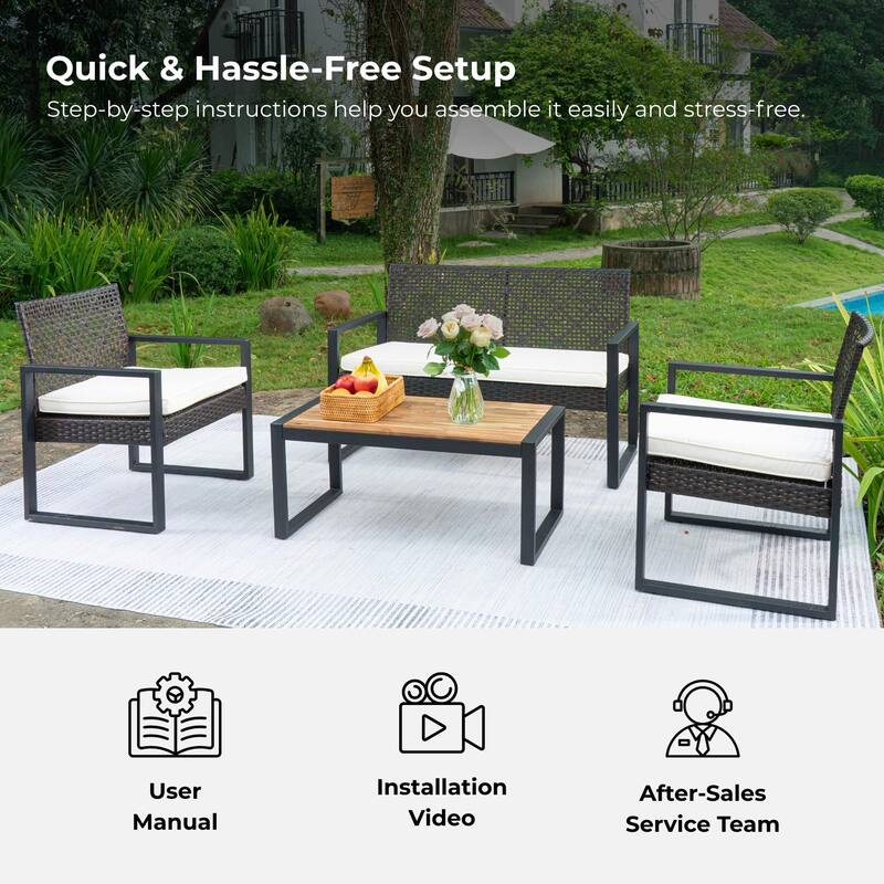Anmytek Stylish Comfortable 4 Piece Acacia Wood Table Top Patio Furniture Set with Modern Brown Beige Cushions