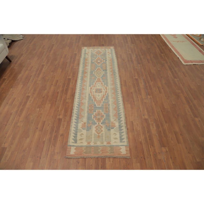 Hand Woven Oriental 100% Wool Carpet Southwestern Tribal Multi-Colored Kilim Runner Rug - 9' 7'' X 2' 9''