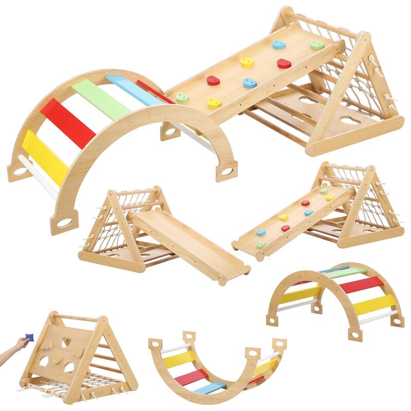 3-in-1 Indoor Climbing Gym - Waldorf and Montessori Climbing Set with Triangle Ladder, Climbing Ramp, Arch Climber, and Slide - Kids