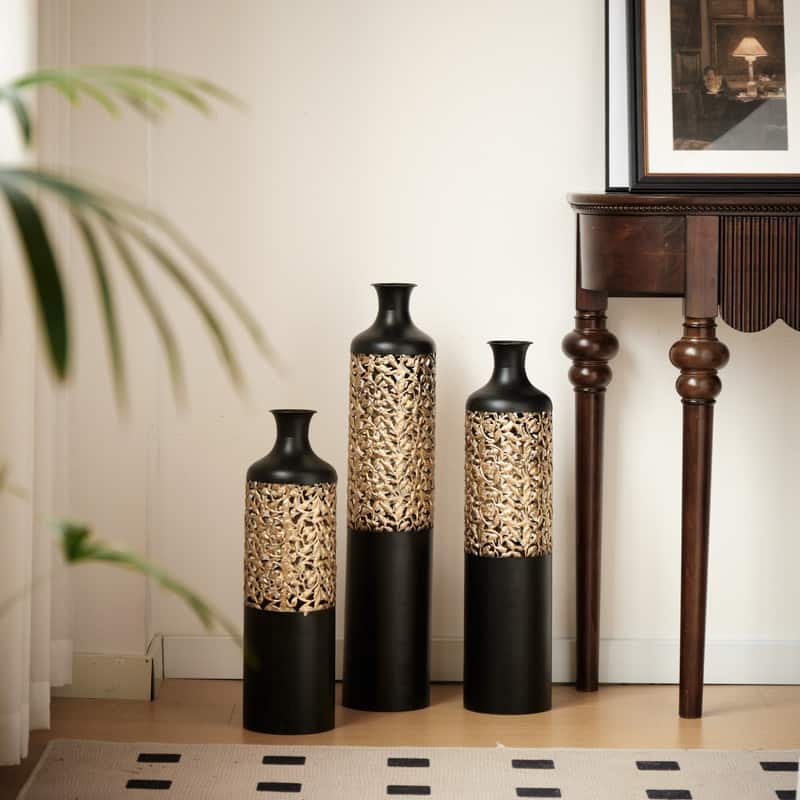 Glamorous Gold & Black Metal Floor Vases Set of 3 - Large Geometric Cylinder Decor for Modern Interiors