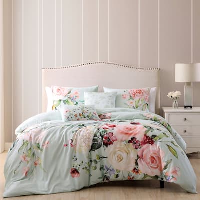 Bebejan Rose on Misty Green 100% Cotton 5-Piece Reversible Comforter Set