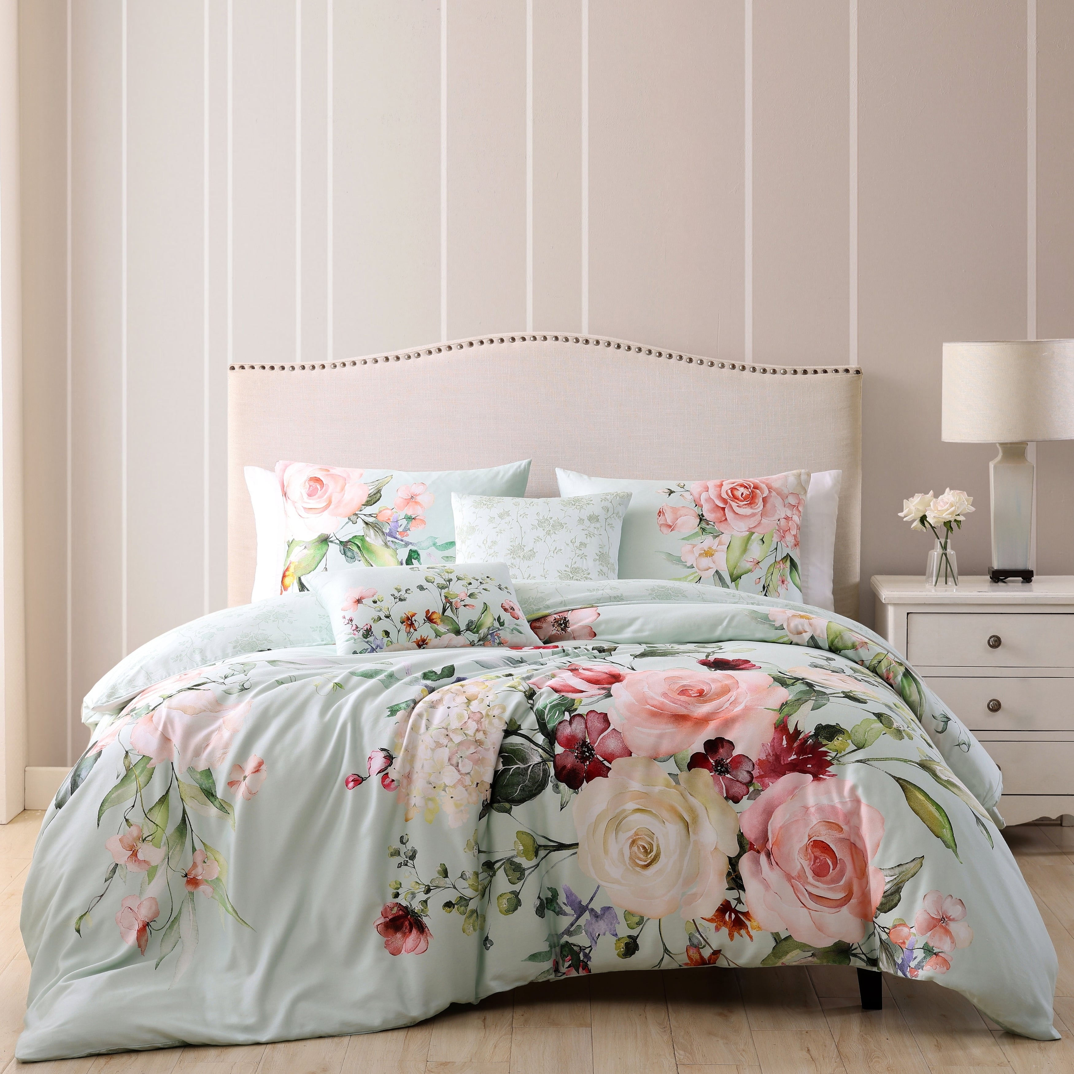 Bebejan Rose on Misty Green 100% Cotton 5-Piece Reversible Comforter Set