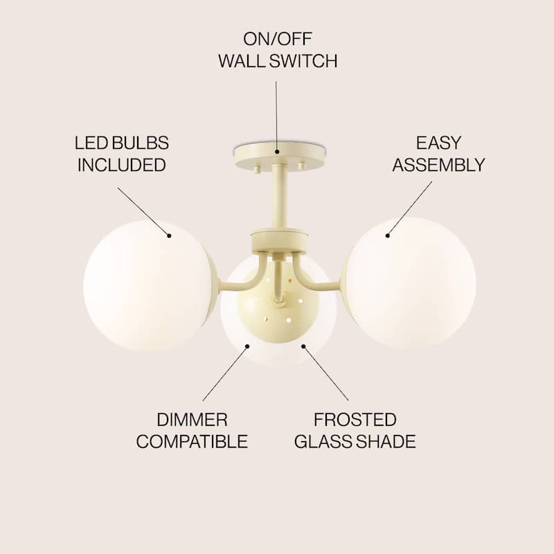 Ojai 23.5" 3-Light Bohemian Farmhouse Iron/Frosted Glass LED Semi Flush Mount, Brass Gold/White by JONATHAN Y