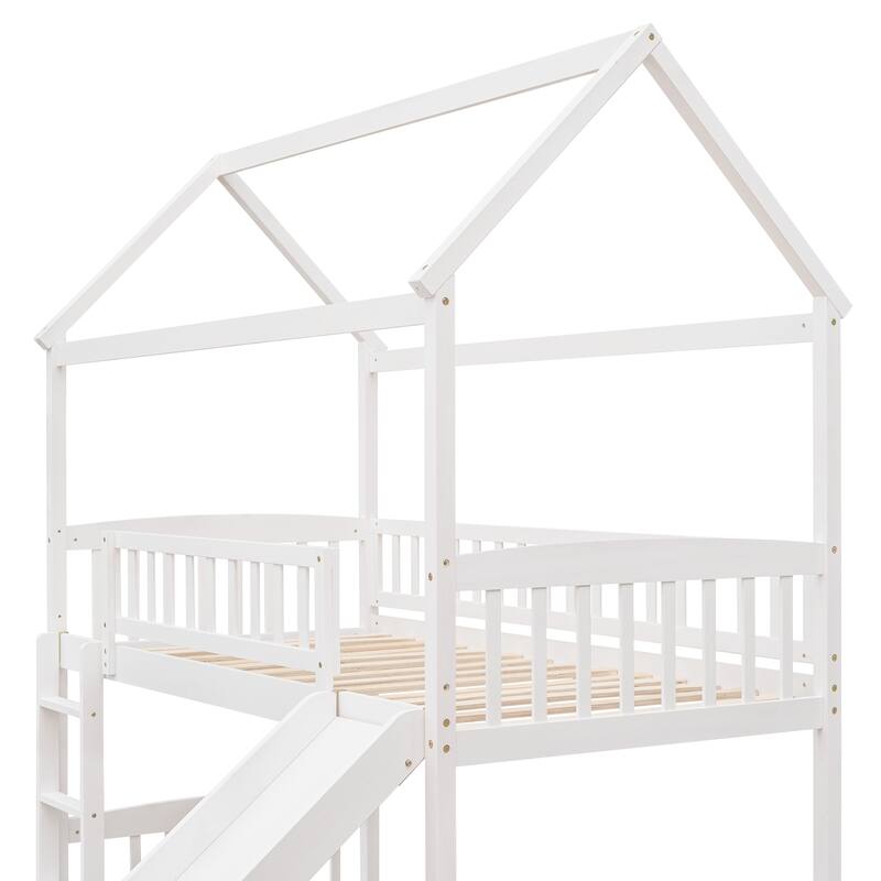 White Twin Loft Bed with Slide and House Design, Space-Saving Kids Furniture
