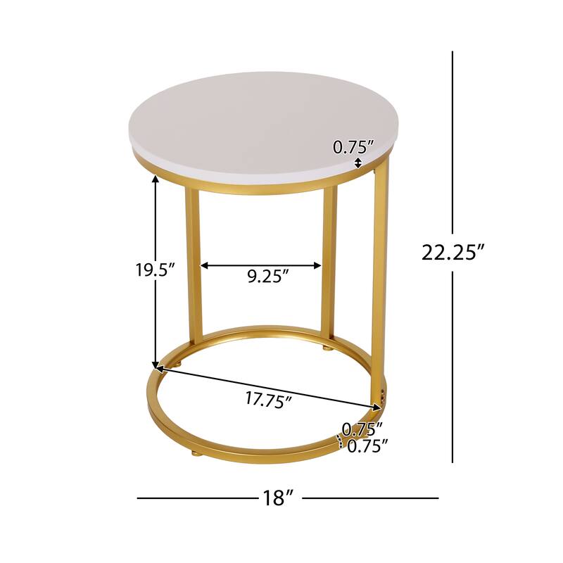 Roomfitters Round End Table with Metal Frame, Modern Accent Side Table for Living Room or Bedroom, Gold + White