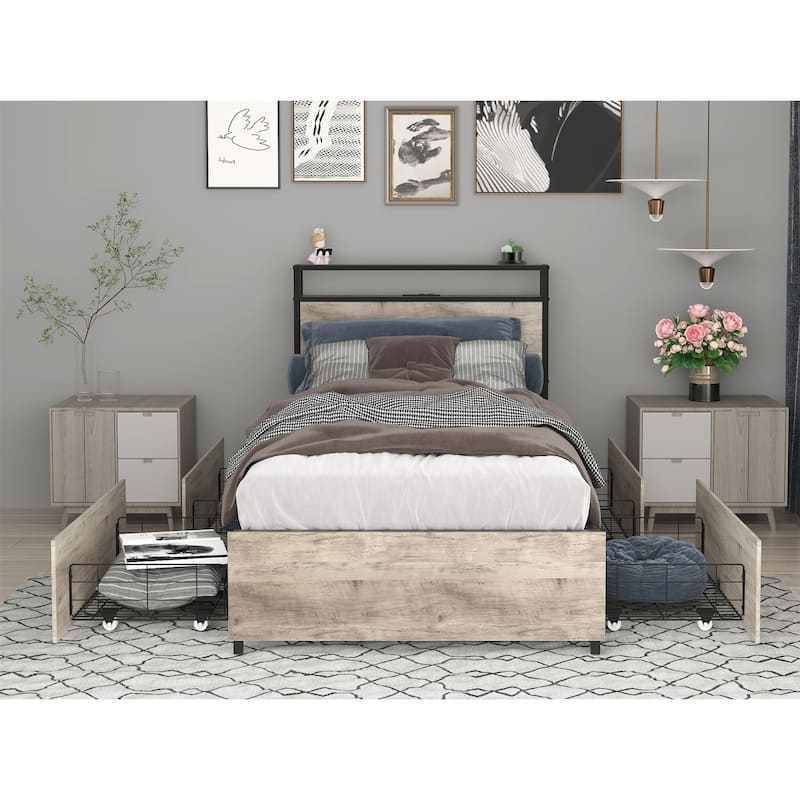 Twin Bed Frame with Storage Headboard and Charging Station - Gray Wash
