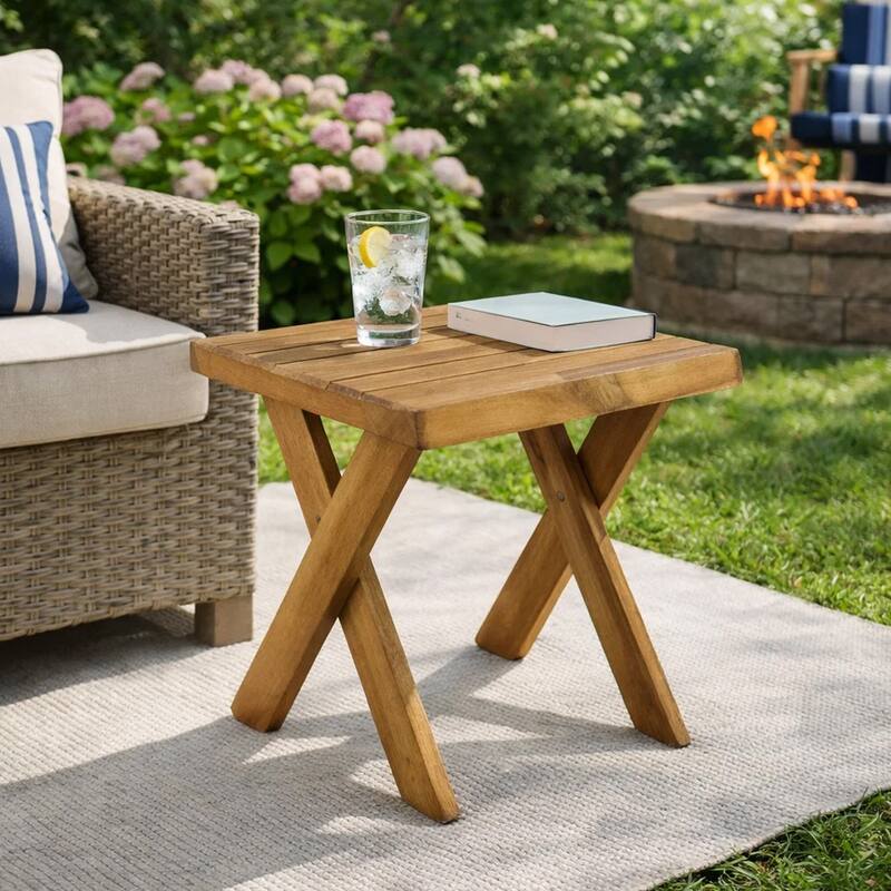 Harley Outdoor Side Table, X Legs, Square 18 Inch Brown Acacia Wood