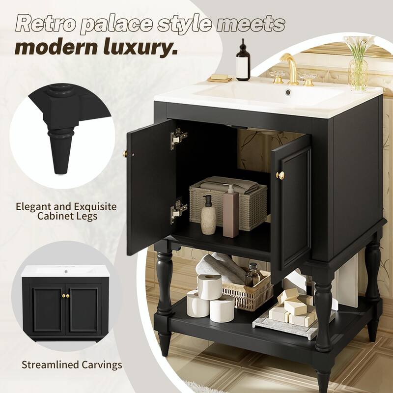 24" Modern Luxury Bathroom Vanity with Ceramic Sink, Freestanding Cabinet with Open Shelf and Enclosed Storage