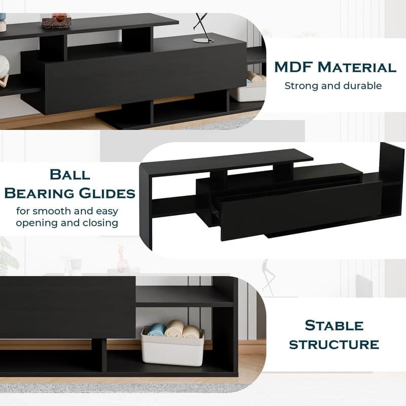 Surrey Multi-functional 60-Inch Modern Wood TV Console with Drawer, Book Case and Open Shelves in Stained Wood Finish