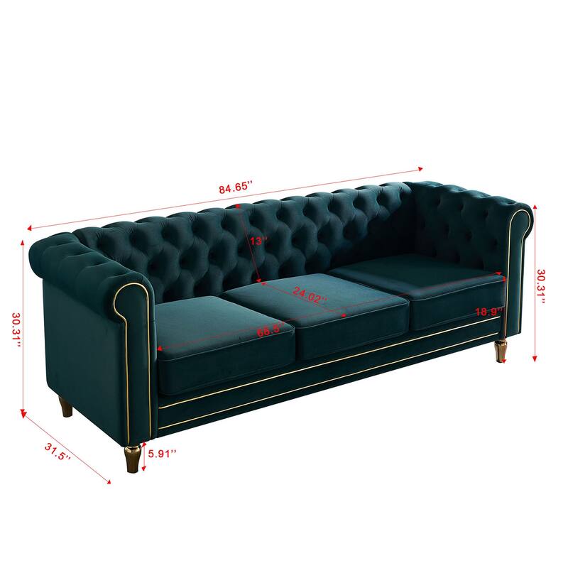 Modern Chesterfield Couch with Button Tufting, High-Density Foam & Gold Accents - 85'' Wide