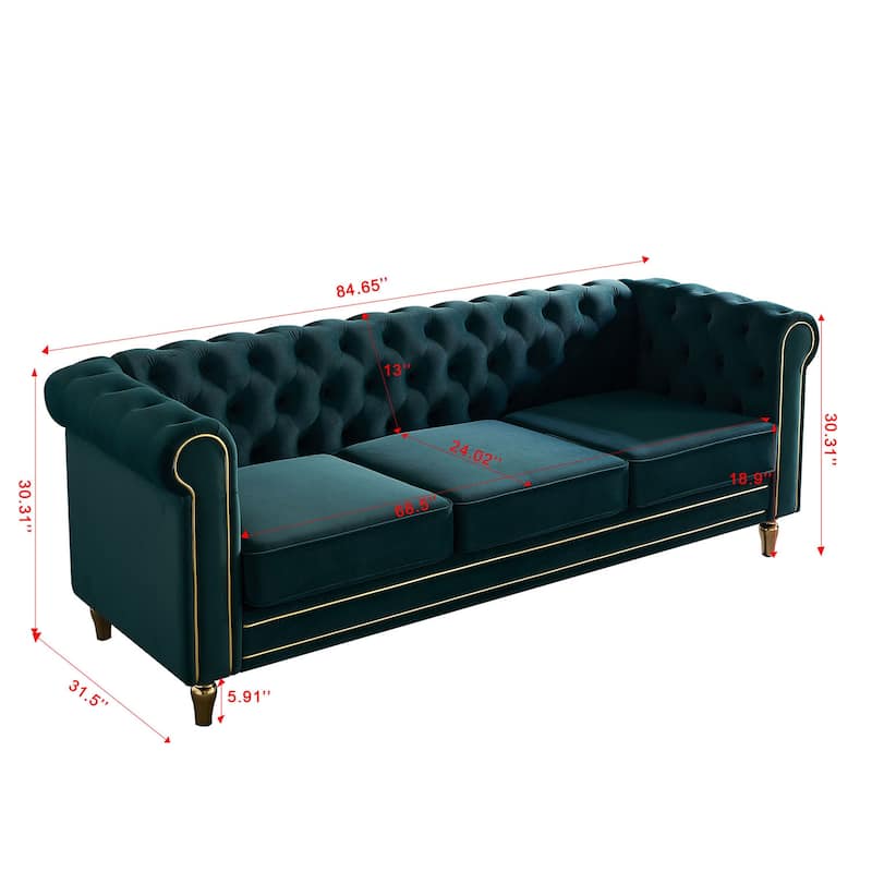 Rolled Arm Chesterfield Velvet Sofa - 84.65" High-Density Foam, Electroplated Legs - Elegant Living Room Accent