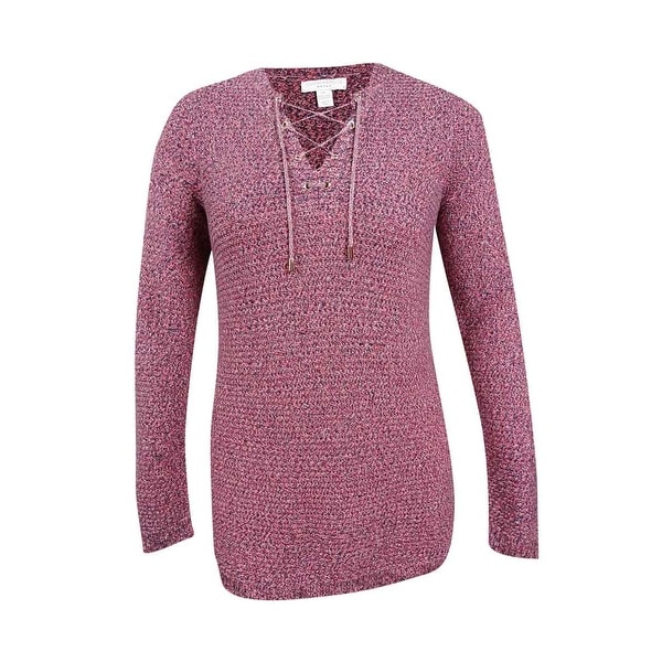 Charter Club Women's Plus Size Marled Lace-Up Sweater - Coral Bloom Combo