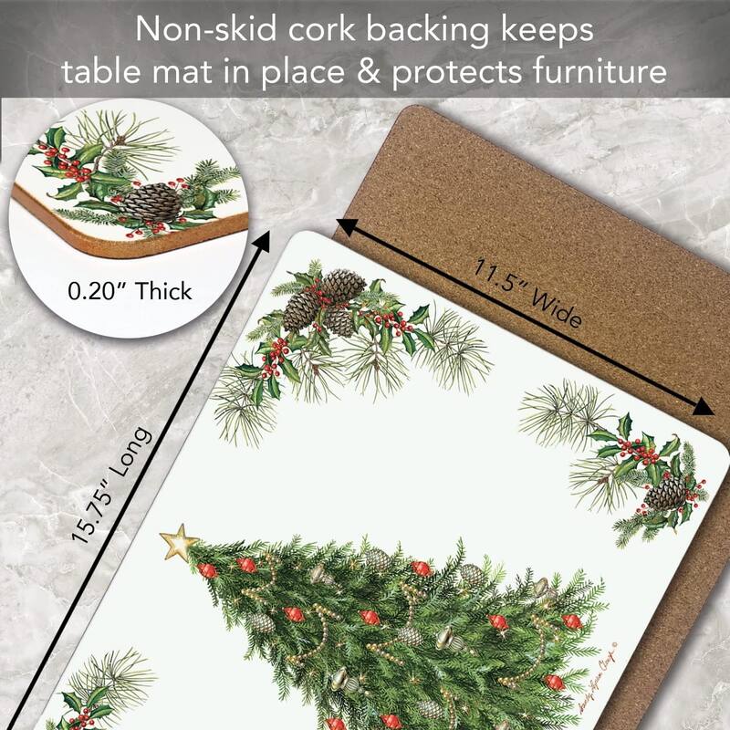 Christmas Tree Premium Decorative Hardboard Cork Back Tabletop Placemats 4 Pack Manufactured in The USA Heat Tolerant