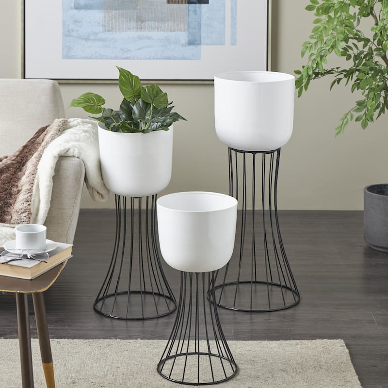 Metal Indoor Outdoor Planter with Black Hourglass Stands - Set of 3 White - Roche River Decor