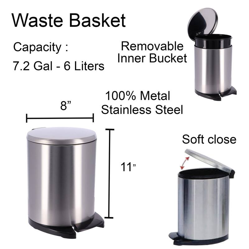 Soft Close Lid Stainless Steel Round Step Trash Can Waste Bin 6-liters -1.6-gal. - 1.6