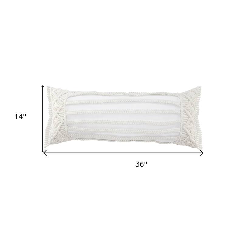 HomeRoots 14" X 36" White Textured Indoor Outdoor Throw Pillow With Fringe - 14