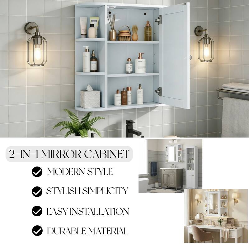 Bathroom Wall Storage Cabinet with Mirror, with Adjustable Wood Shelf & Doors, Mounted Storage Cabinets with 6 Open Shelves