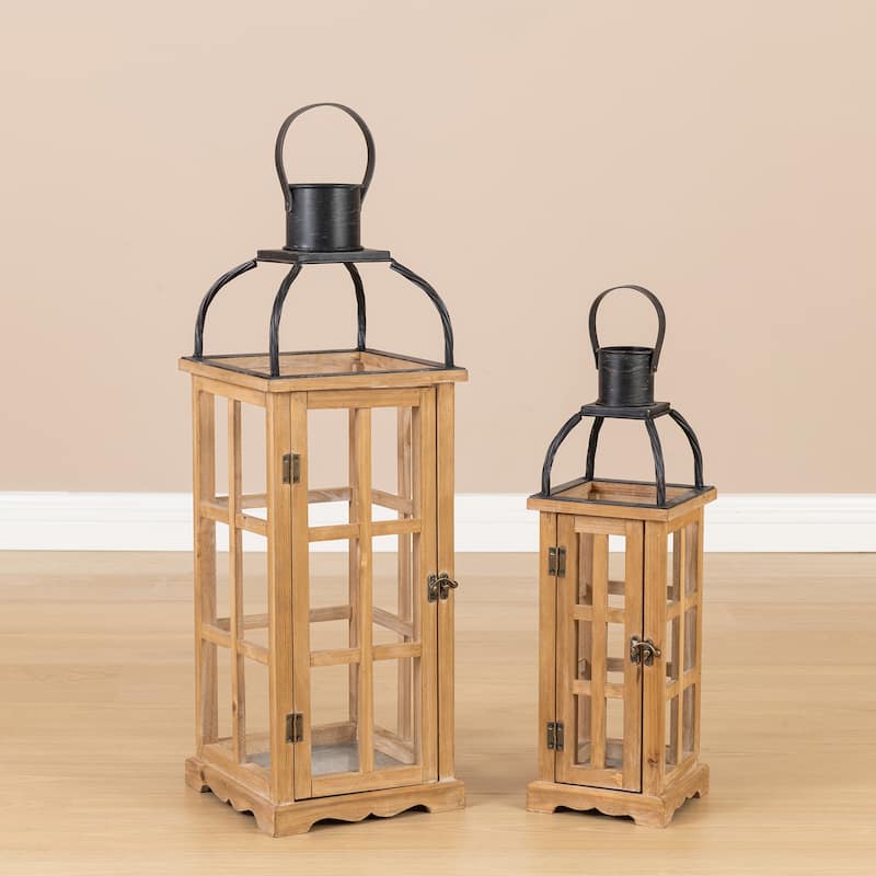 Glitzhome Farmhouse Wooden Metal Cage Candle Holders Patio Hanging Vintage Lanterns (Set of 2)