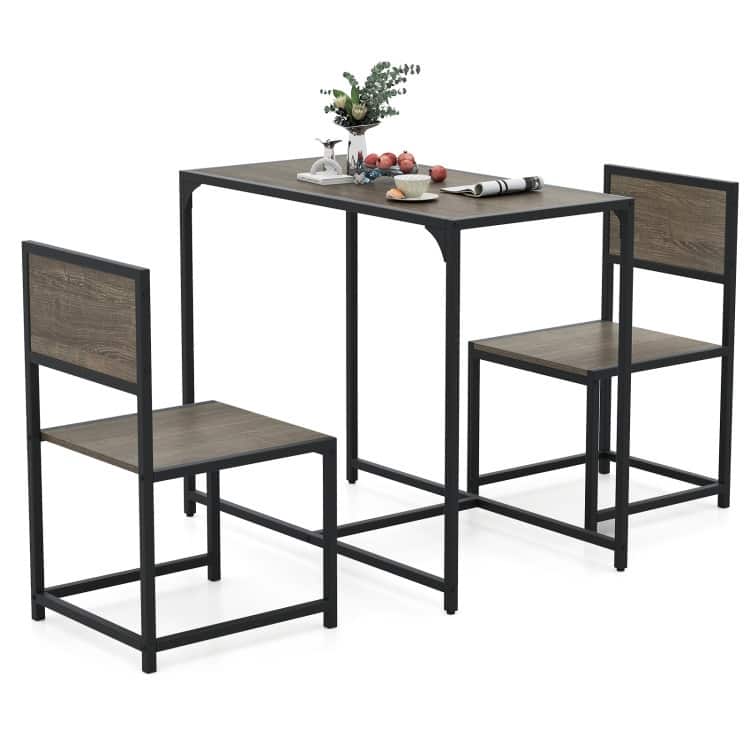3 Pcs Dining Set Compact Table and 2 Chair with Metal Frame for for Small Space - Oak