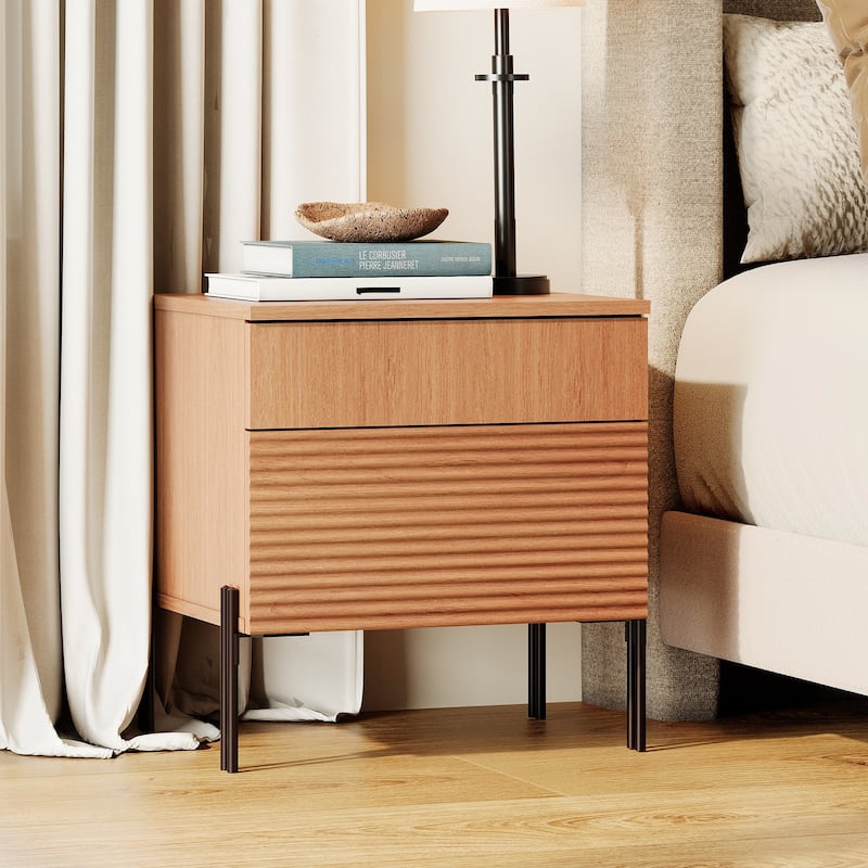 WAMPAT Fluted Nightstand with Charging Station,Modern Side Table with 2 Drawers