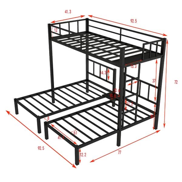 Black Metal Detachable Triple Bunk Bed with Guardrails - Exchangeable Ladder