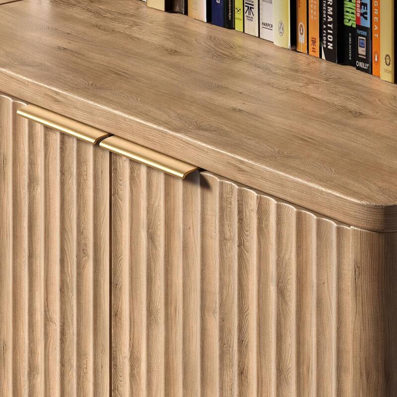 71" Walnut Bookcase with Doors Set of 2, 5 Tier Fluted Tall Bookshelf with Storage