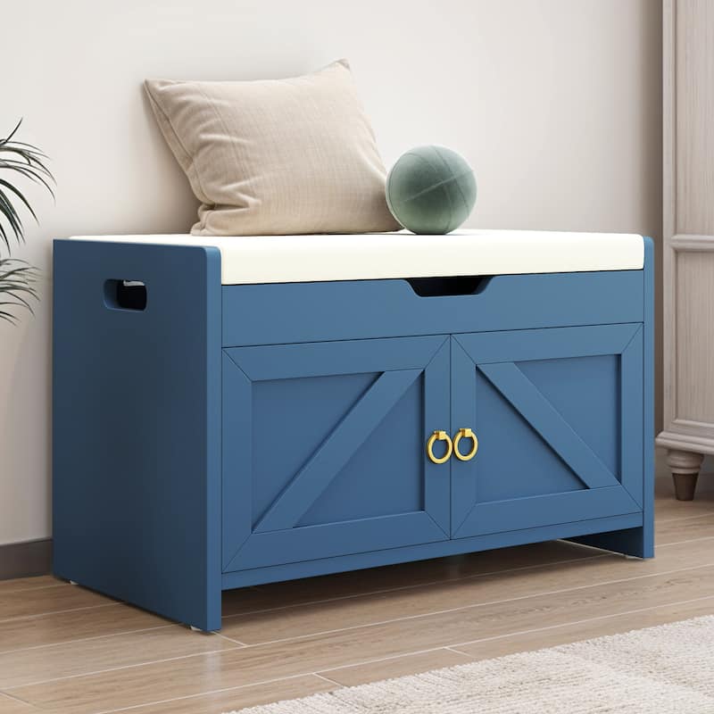 Moasis Shoe Storage Rack Cushioned Ottoman Bench with Lift Top for Hallway - White/Blue 27"