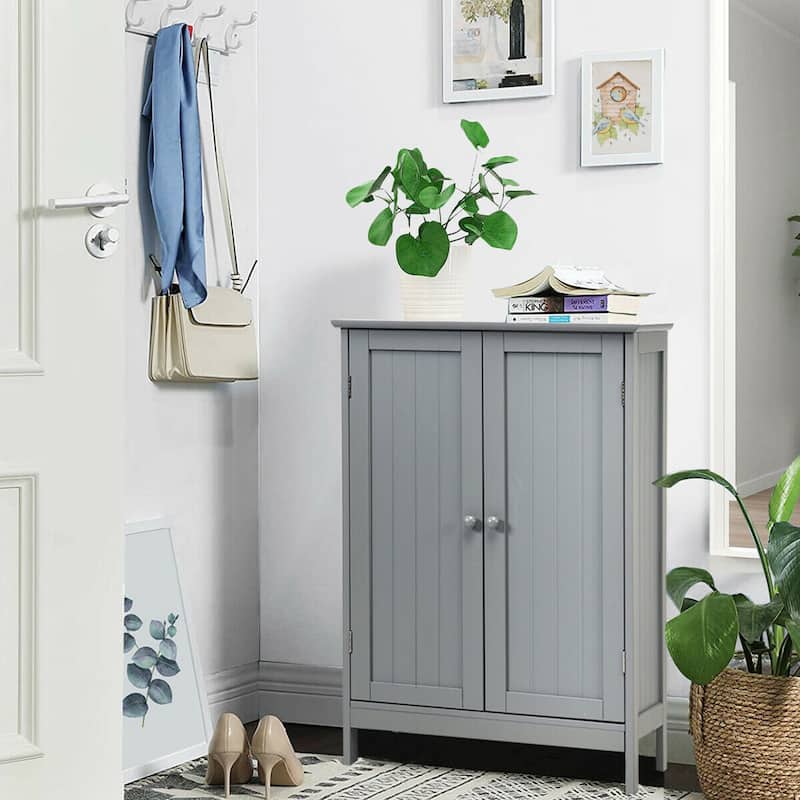 Gymax Bathroom Floor Storage Cabinet Double Door Kitchen Cupboard Shoe