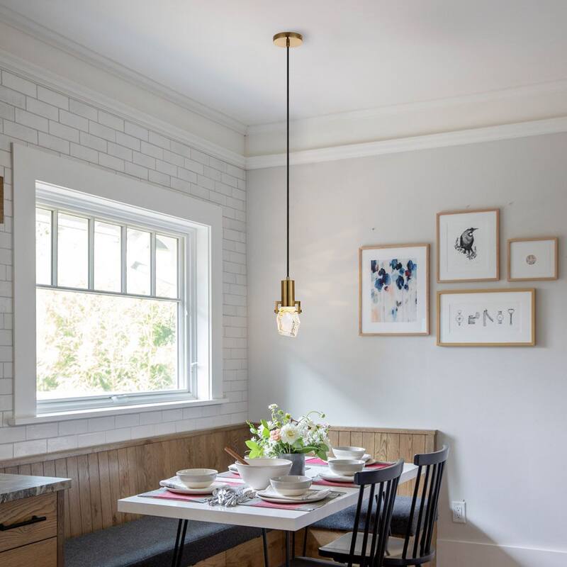 WINGBO 1-Light Modern Crystal Pendant Light Fixture Height Adjustable Hanging Light - Brass