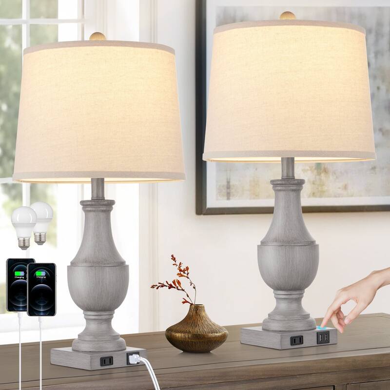 Grey Resin Table Lamps with 3-way Touch Dimming Switch USB & Type-C Charging Ports & AC Outlet (Set of 2)
