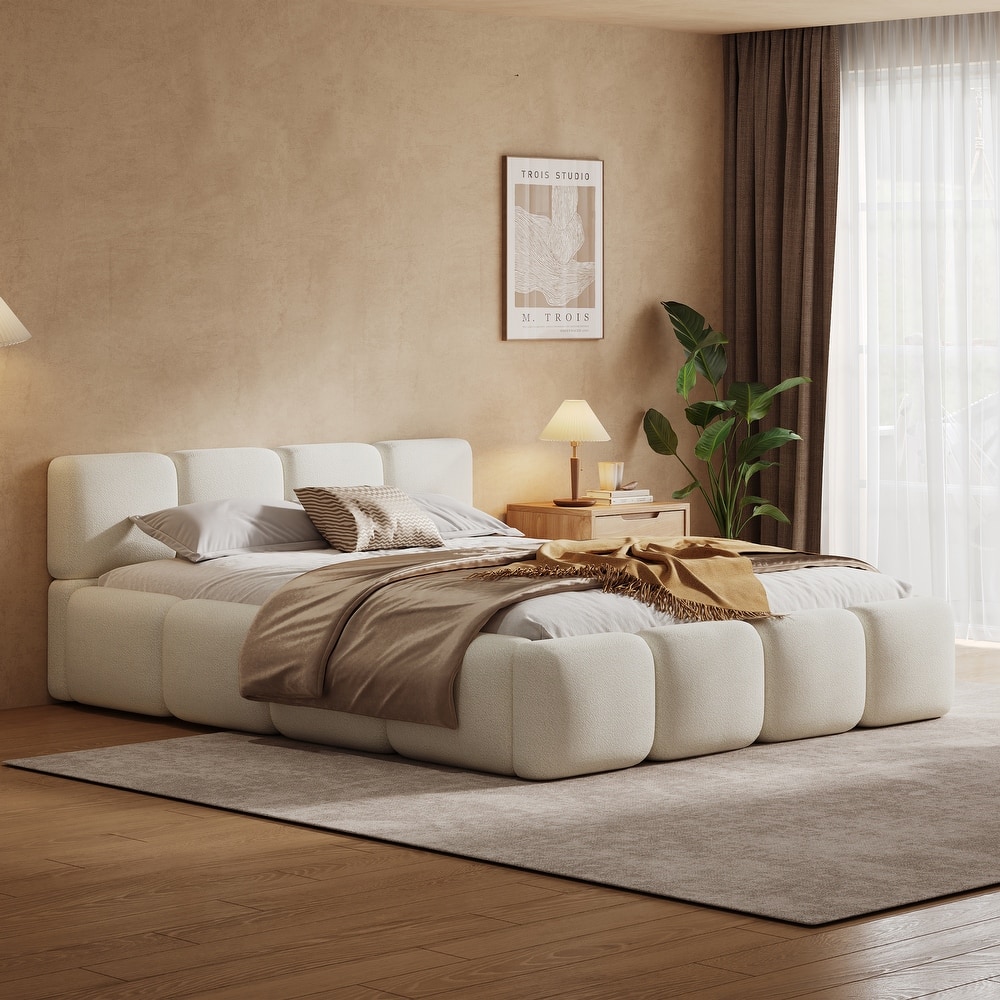 Christopher Knight Home Evelyn Platform Bed with Boucle Upholstery and Thick Block-Style Headboard