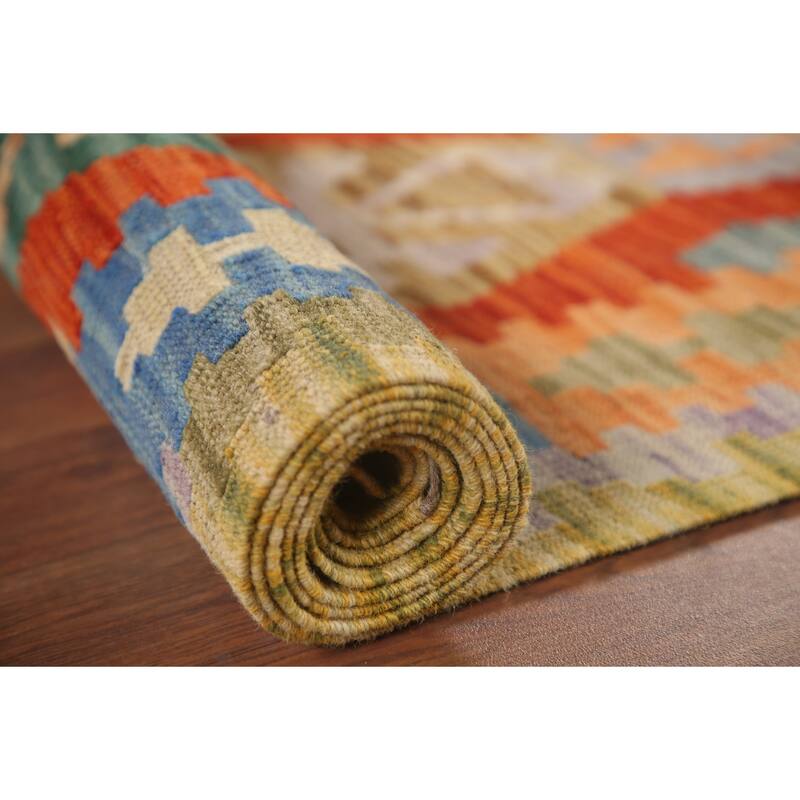 Hand Woven Oriental 100% Wool Carpet Southwestern Geometric Oranges & Rust Kilim Area Rug - 9' 9'' X 6' 5''