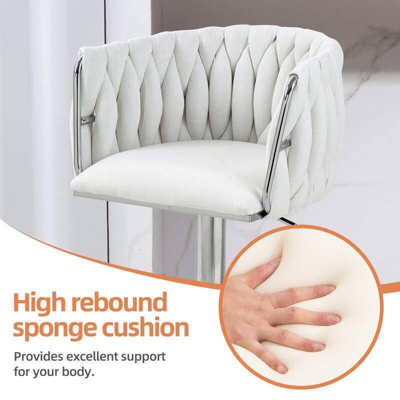 360° Swivel Fabric Cover Bar Stools Set of 2, Adjustable Height Bar Accent Chairs with Woven Back and Silver Chromed Base