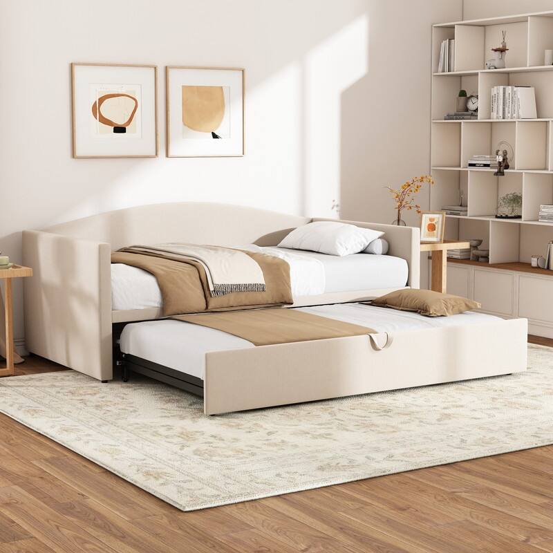 Twin Size Velvet Upholstered Daybed with Extended Pop Up Trundle Bed Convertible King Sofa Bed Frame, Space-Saving Twin to King